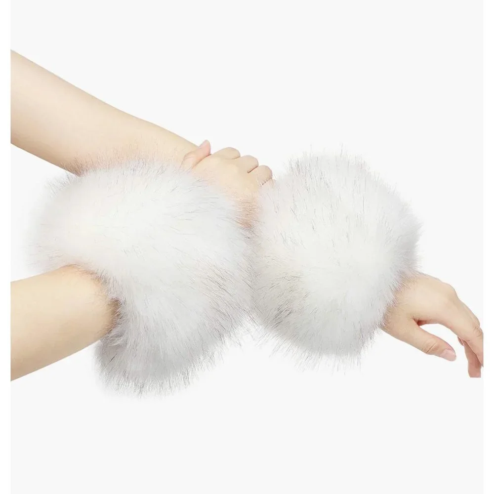 White Fuzzy Faux Fur Pom Pom Wrist Cuffs Furry Bands Arm Warmers‎ Boot Covers
